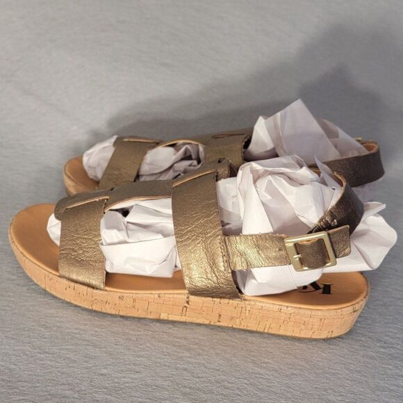 Korks Kork Ease Sherlyn Wedge Sandals 40.5 US 9 Gold Leather Platform Strap - Picture 4 of 12